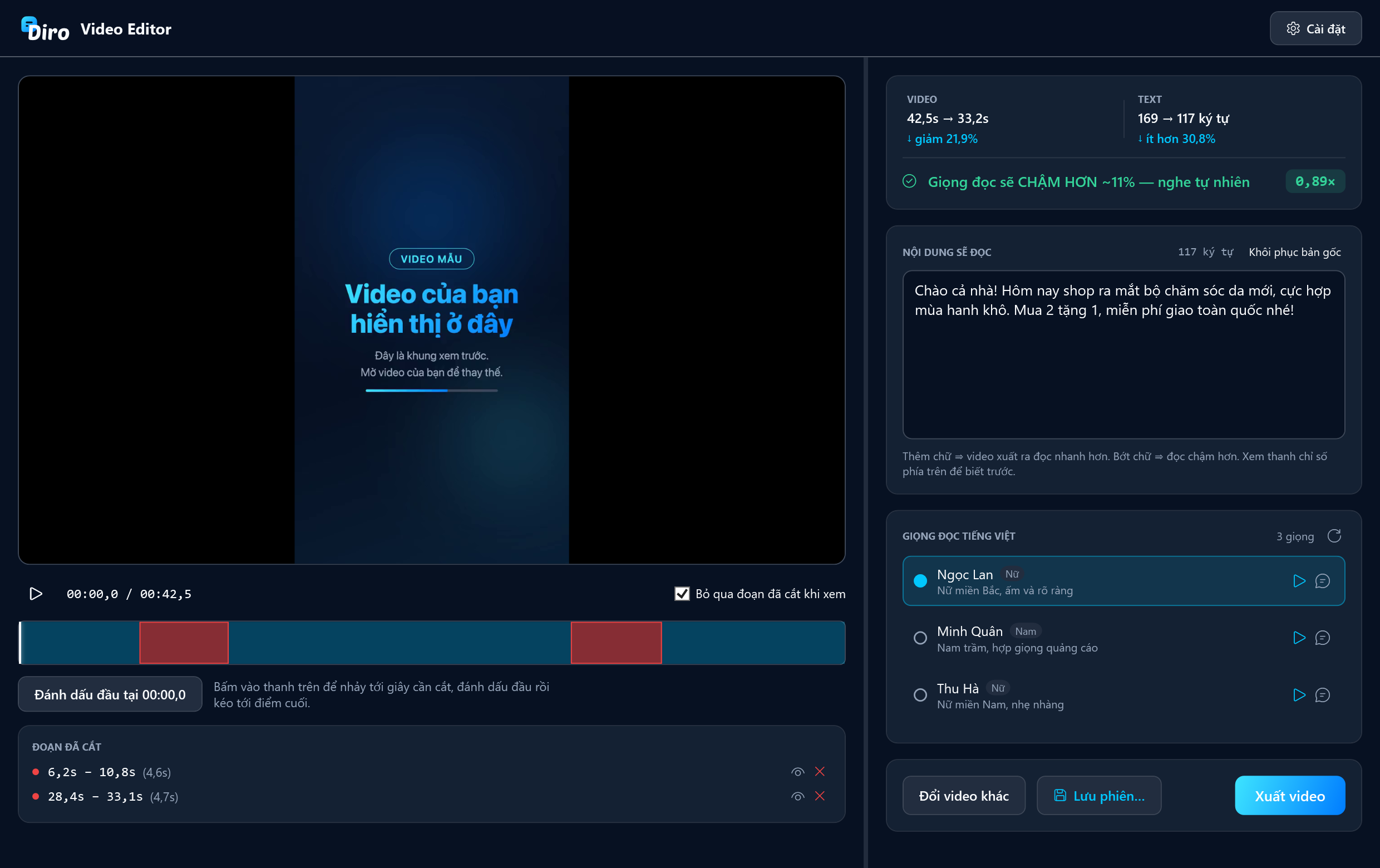 Màn hình làm việc của Diro Video Editor