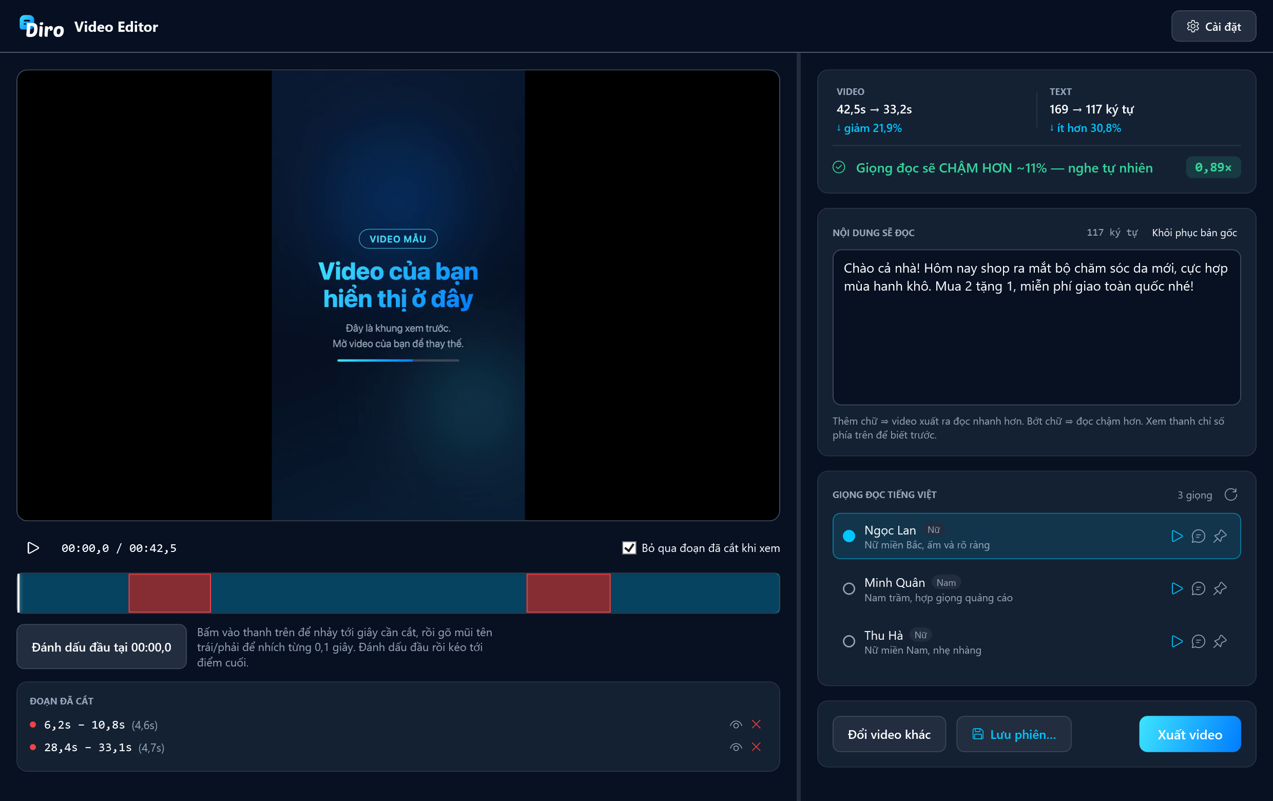 Màn hình làm việc của Diro Video Editor
