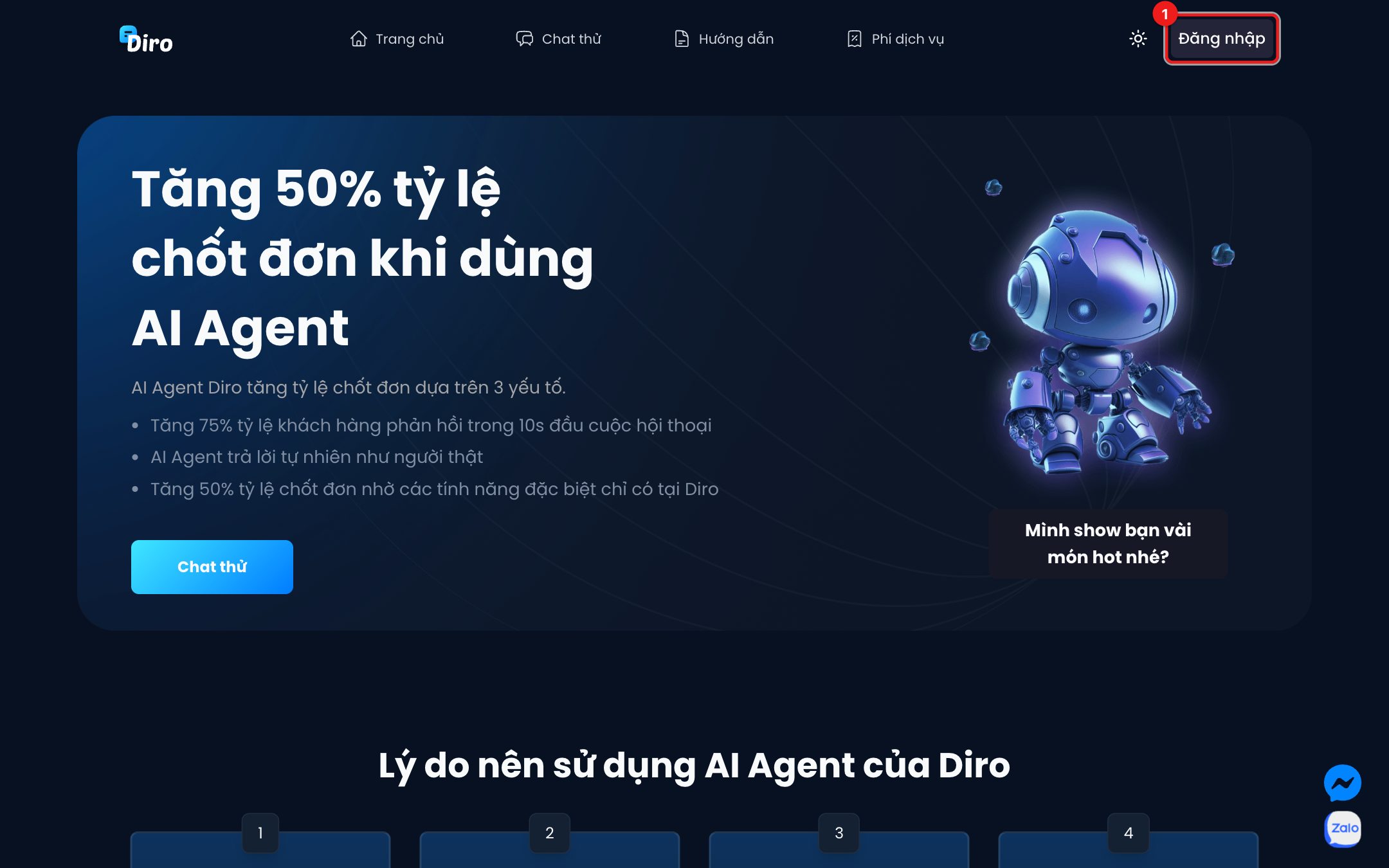 Nút Đăng nhập trên trang chủ Diro