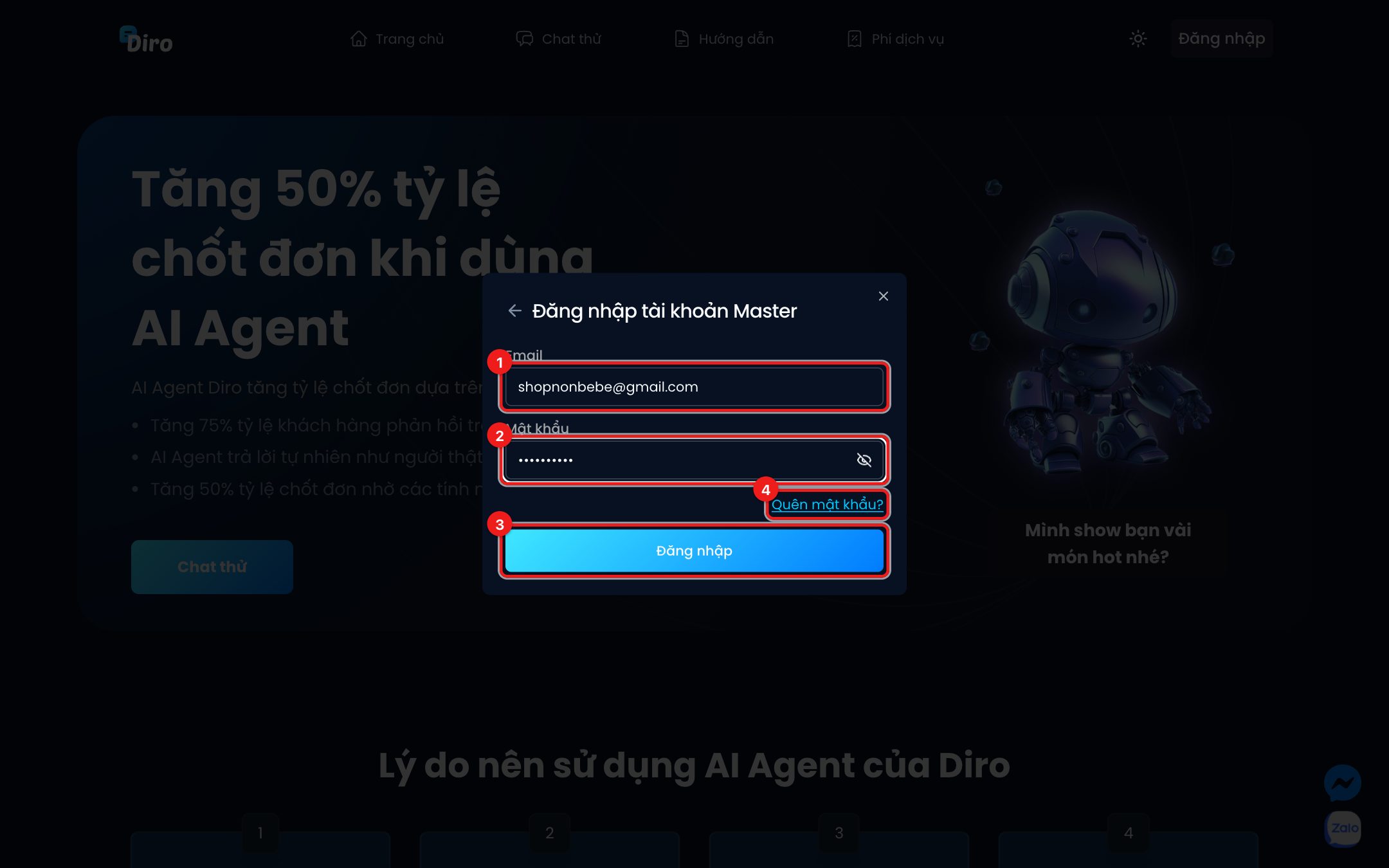 Đăng nhập tài khoản Master
