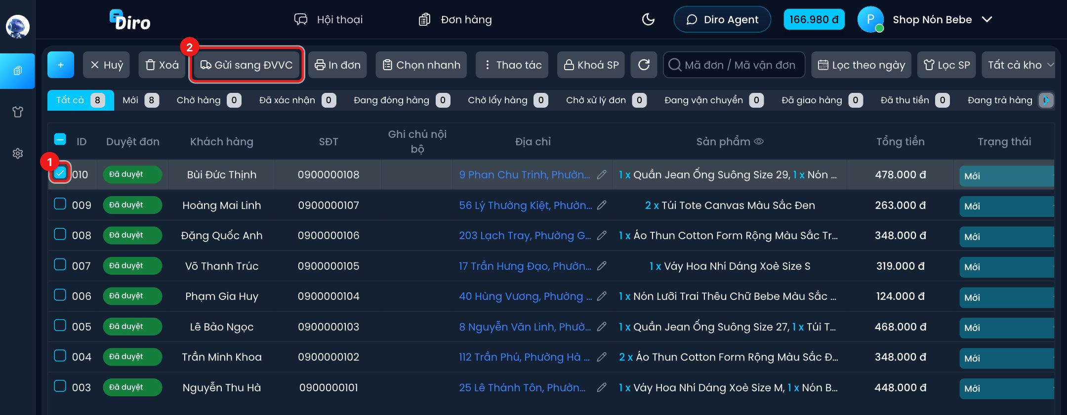 Chọn đơn và bấm Gửi sang ĐVVC