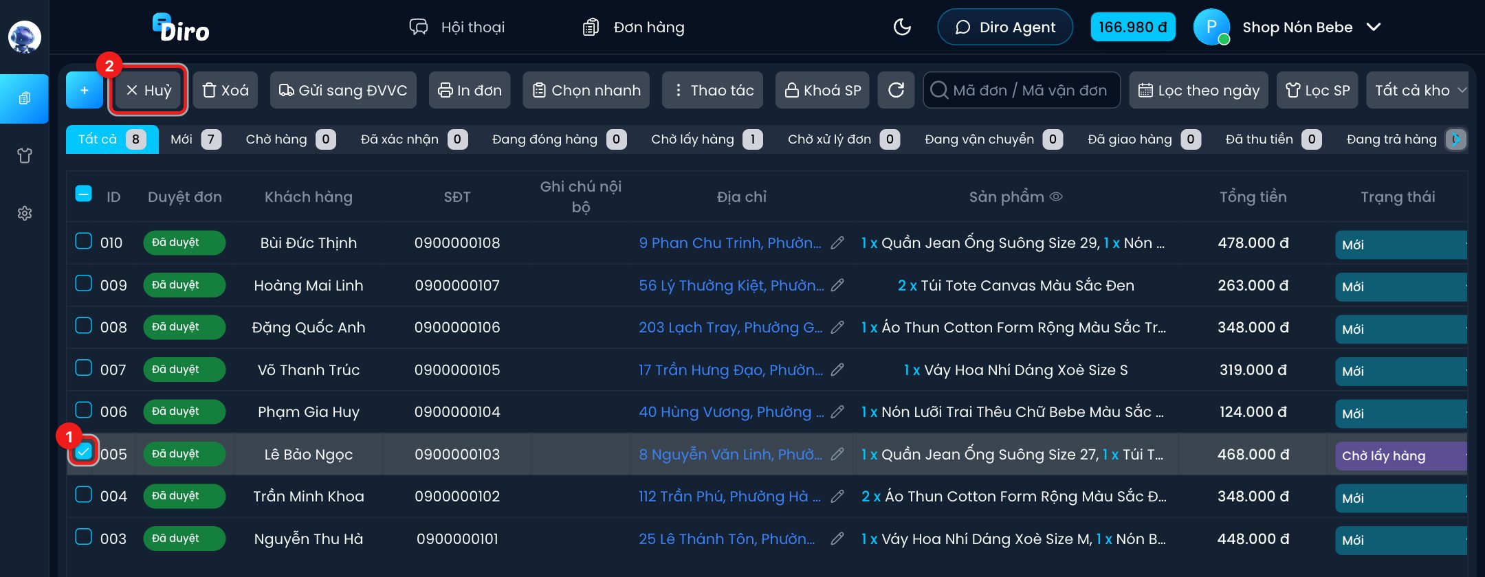 Chọn đơn rồi bấm Huỷ