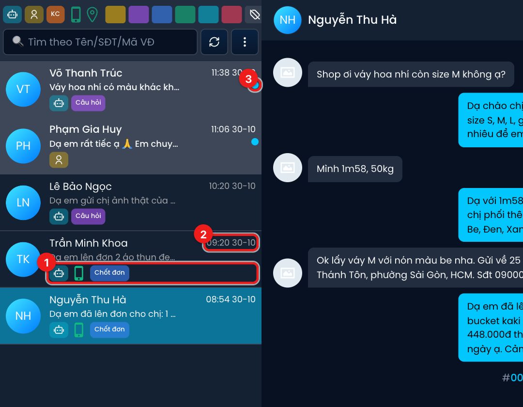 Các thành phần trên một dòng hội thoại