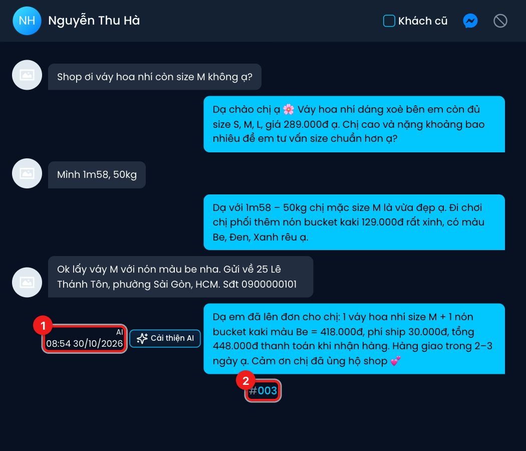 Nhãn người gửi dưới mỗi tin nhắn