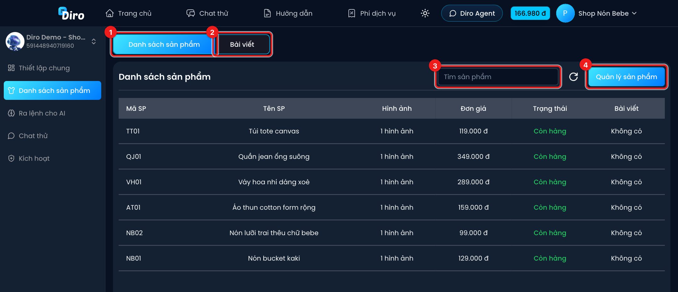 Danh sách sản phẩm của Chat Agent