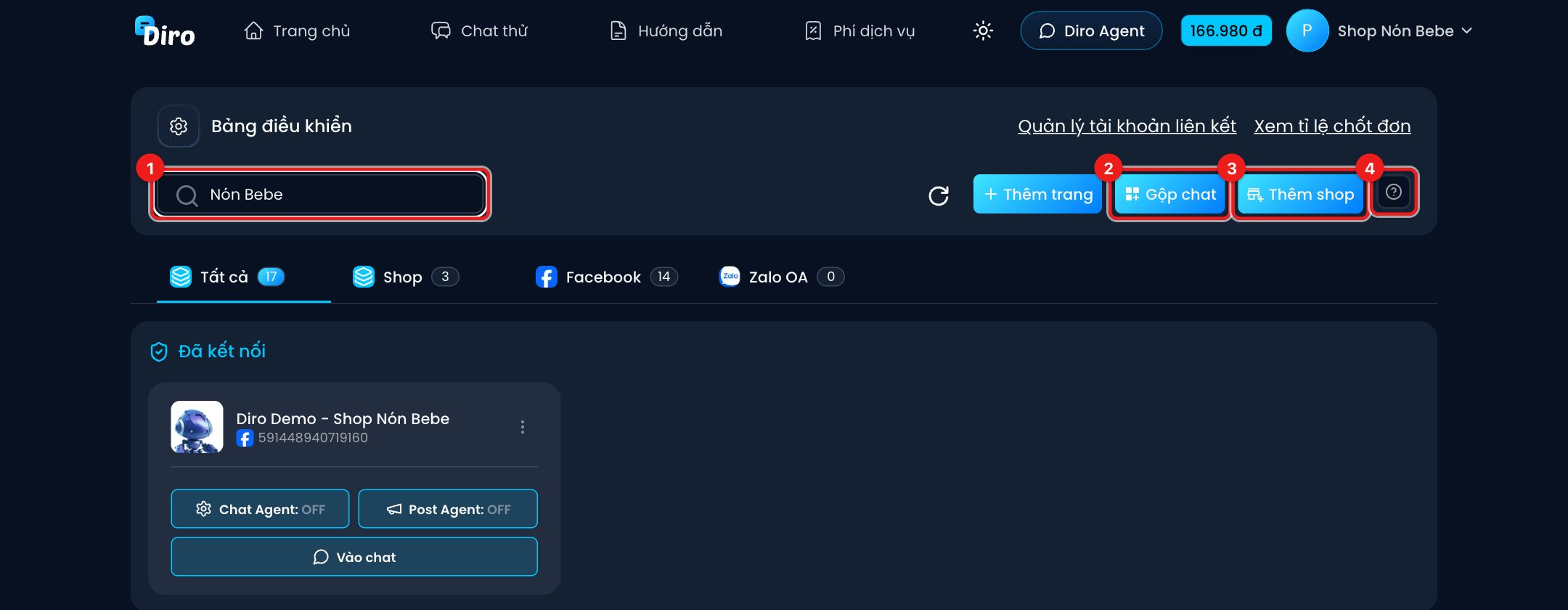 Bảng điều khiển với các nút Gộp chat, Thêm shop
