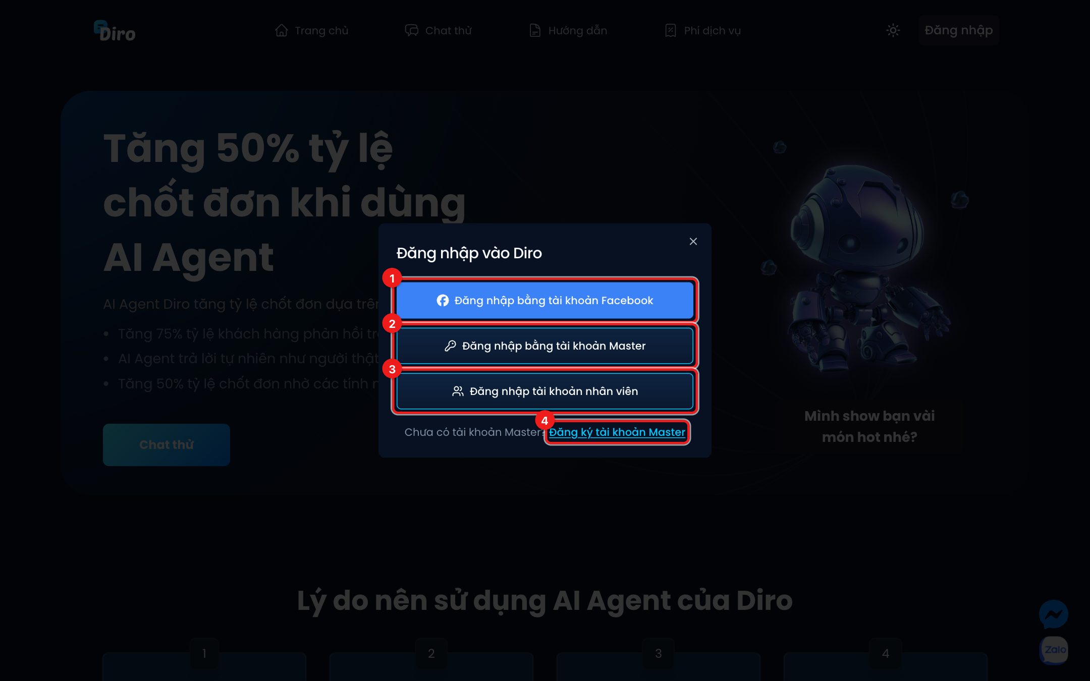 Các cách đăng nhập Diro