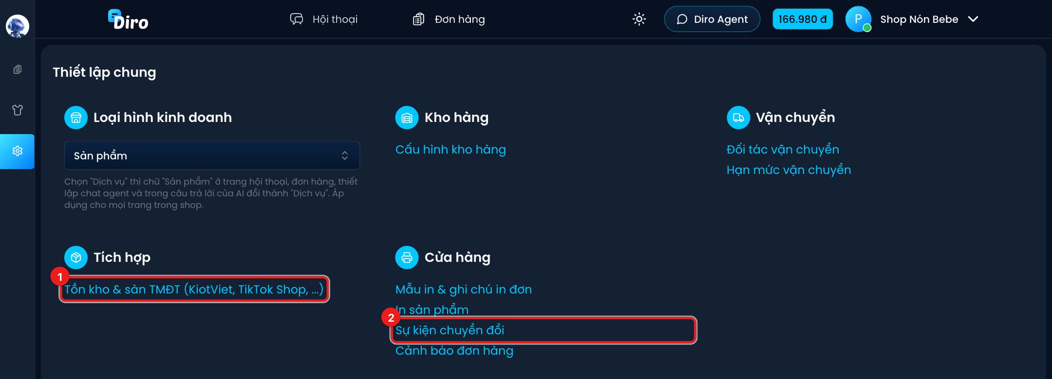 Mục Tích hợp và Sự kiện chuyển đổi trong Thiết lập chung