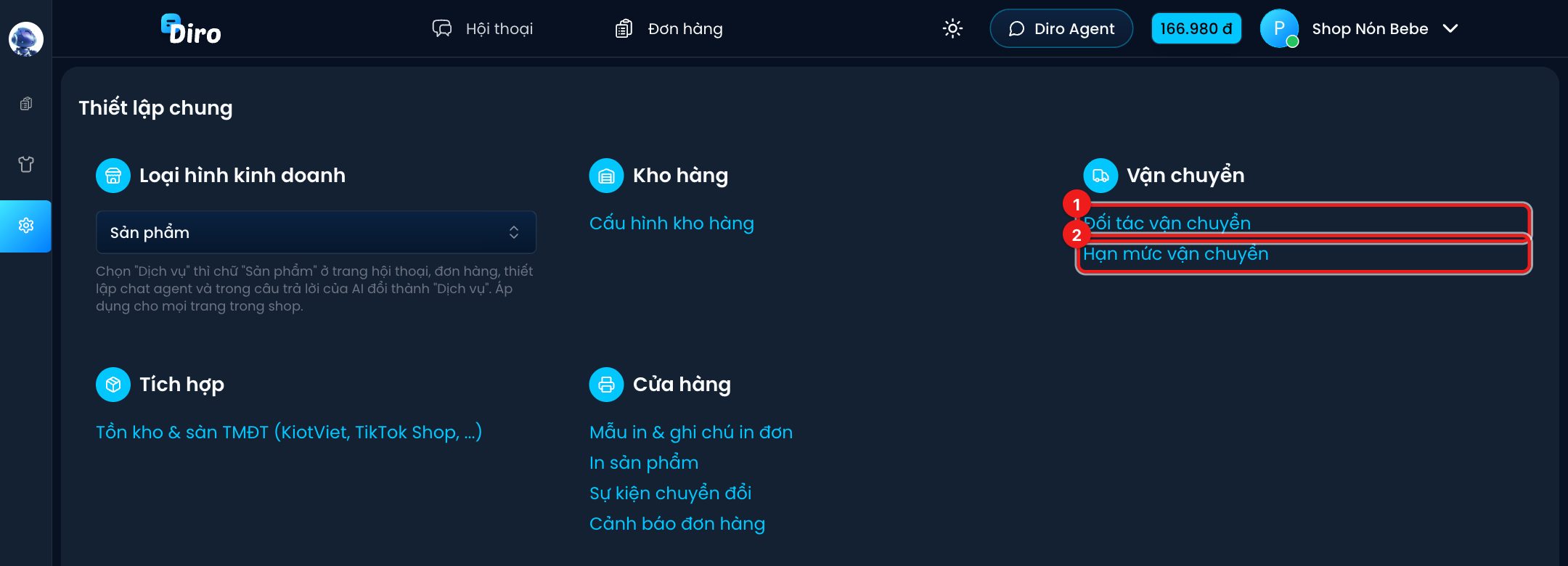 Mục Vận chuyển trong Thiết lập chung