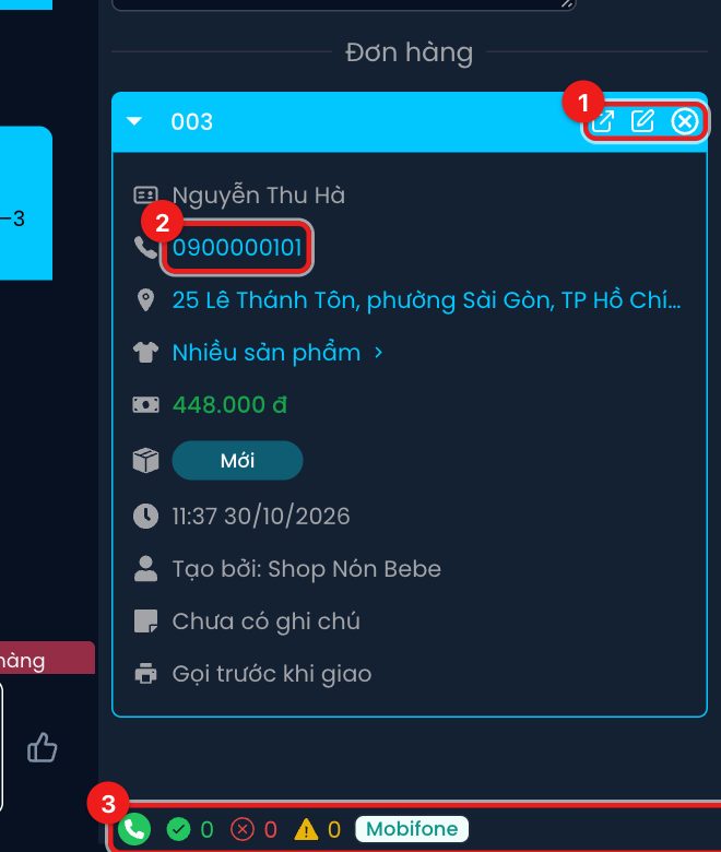 Thẻ đơn hàng trong cột Thông tin