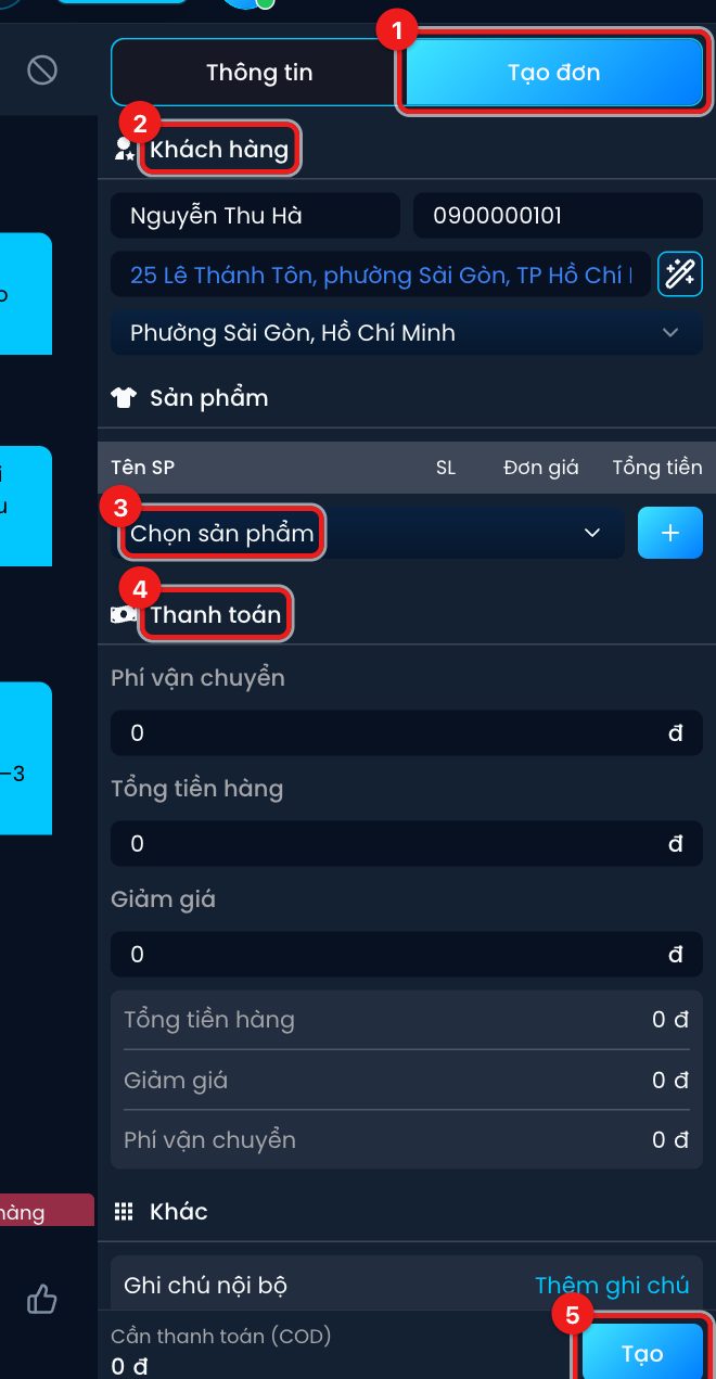 Form tạo đơn trong khung chat
