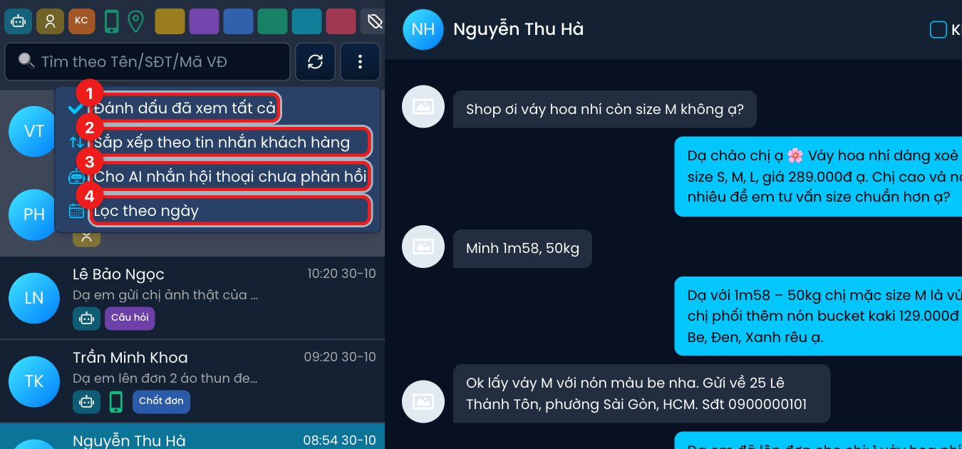 Các tuỳ chọn trong nút ⋮