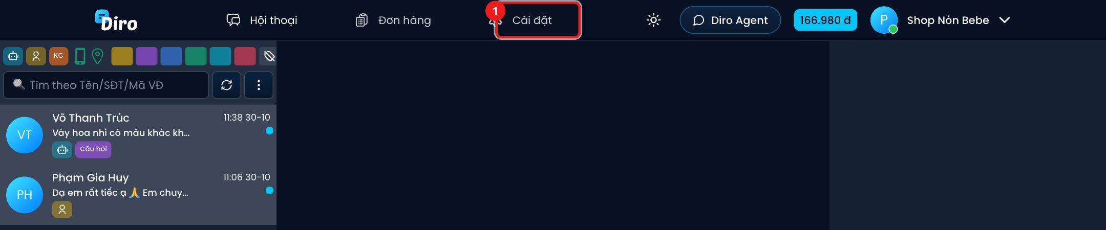 Mục Cài đặt trên thanh trên cùng